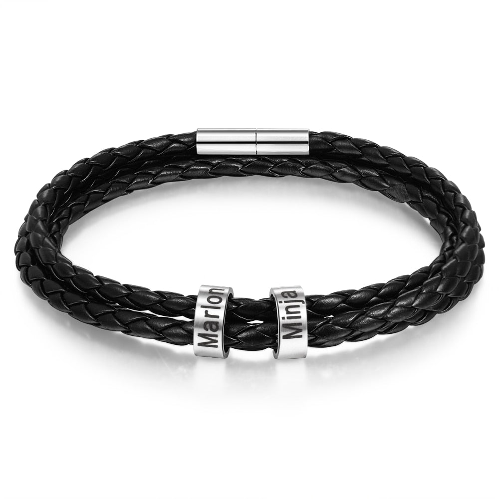 Braided Leather Men Bracelet with 2 names