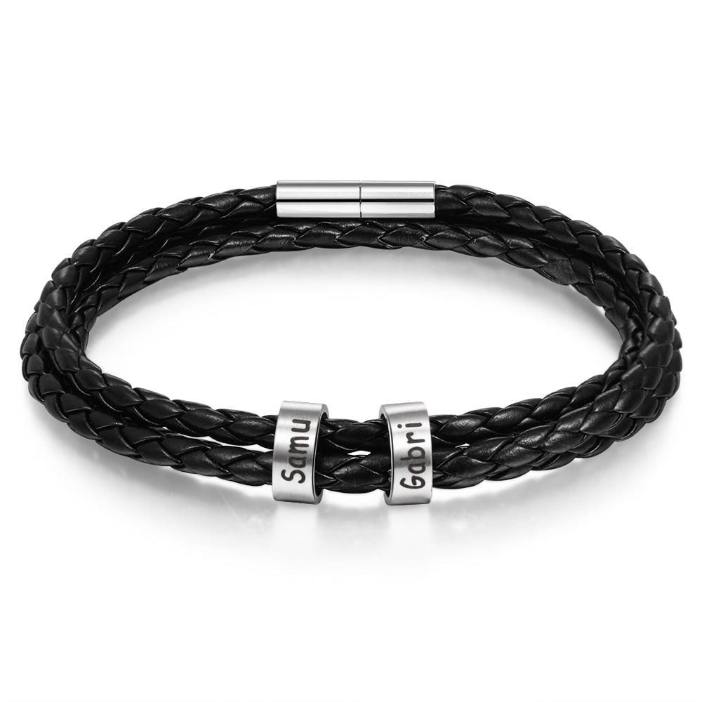 Braided Leather Men Bracelet with two names