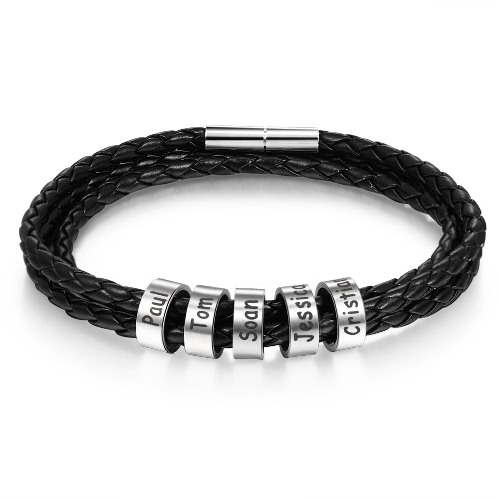 Braided Leather Men Bracelet with 5 names