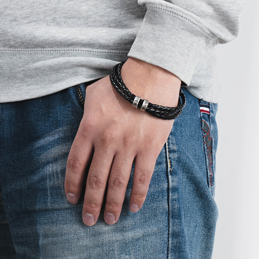 Braided Leather Men Bracelet on a men's hand