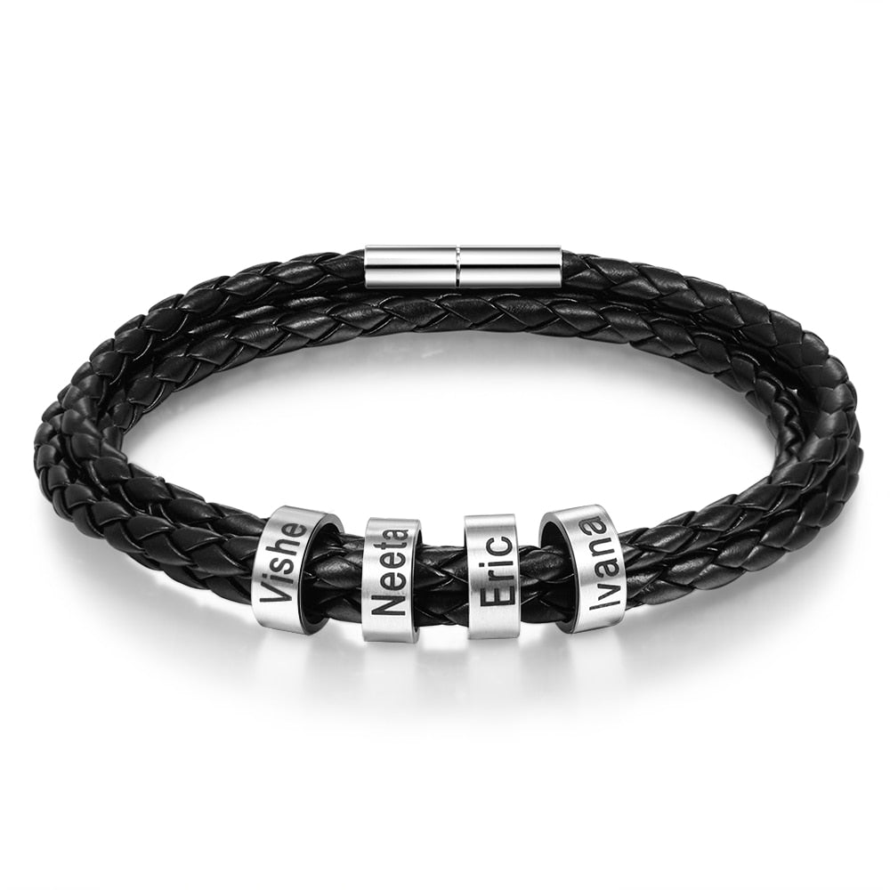 Braided Leather Men Bracelet with 4 names