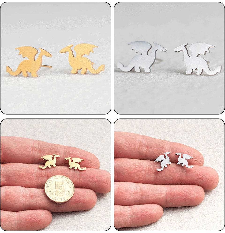 Dragon Stud Earrings in gold and Silver Color compared to the size of a coin