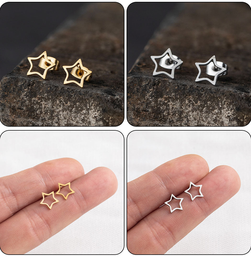 Star Stud Earrings in gold and silver colors on a hand