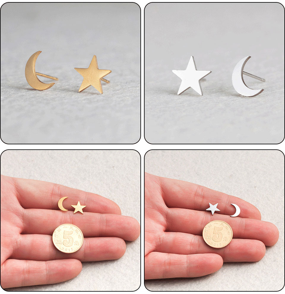 Moon and Star Mismatch Earrings in gold and silver color in comparison with size of coinlor