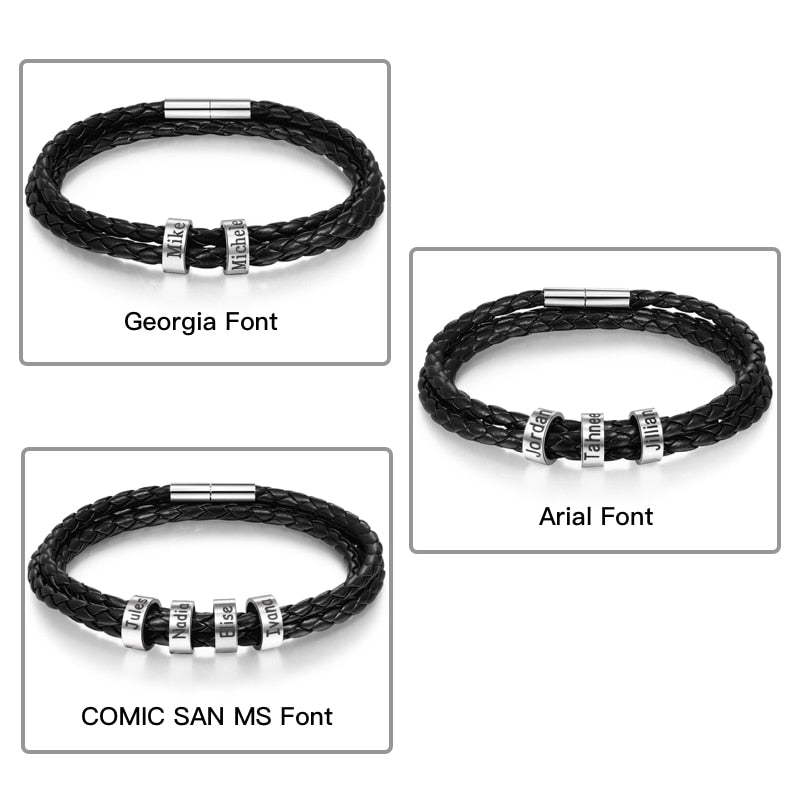 three Braided Leather Men Bracelets  with difrent font customisation