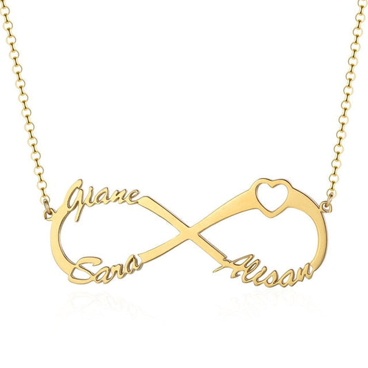 Infinity Three Names Necklace With Heart in gold color