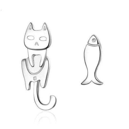 Cat and Fish Earrings on White background